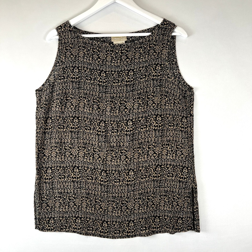 COLDWATER CREEK SILK Black & Tan Floral Tank Womens Size M Crew Neck Side Slits